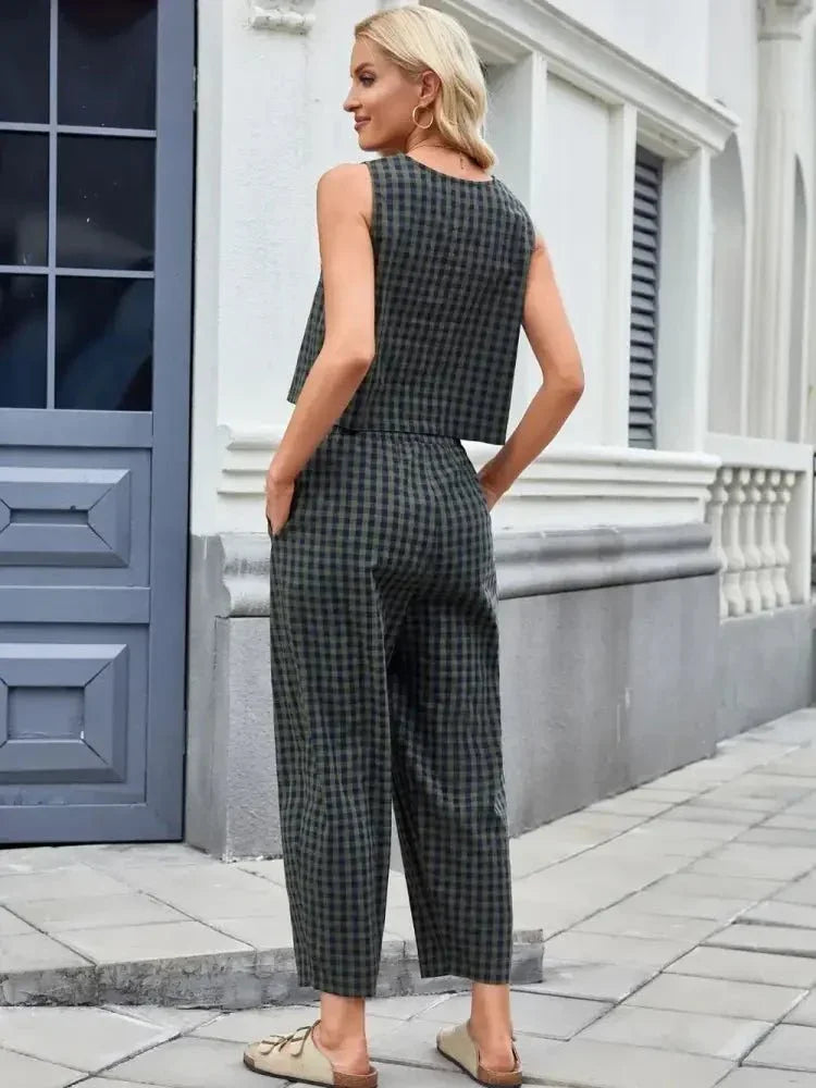 Plaid Sleeveless Top and Pants Set - Update AvenueTrendsi10010004552264810010004552264873e96046 - fb5c - 4720 - 8b5e - 675560018292 - MaxDark Green