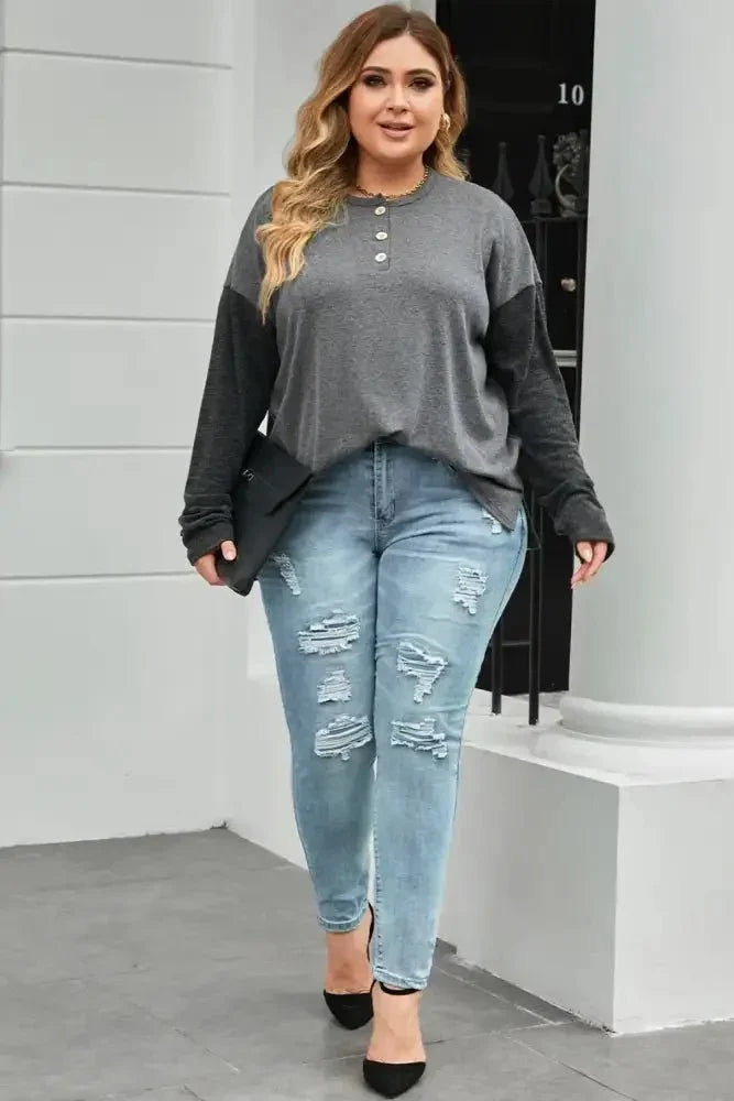 Plus Size Round Neck Long Sleeve Buttoned Blouse - Update AvenueTrendsi100101591206991100101591206991aee3fe5bf8aa42e3ad988571f4be1674 - MaxDark Gray