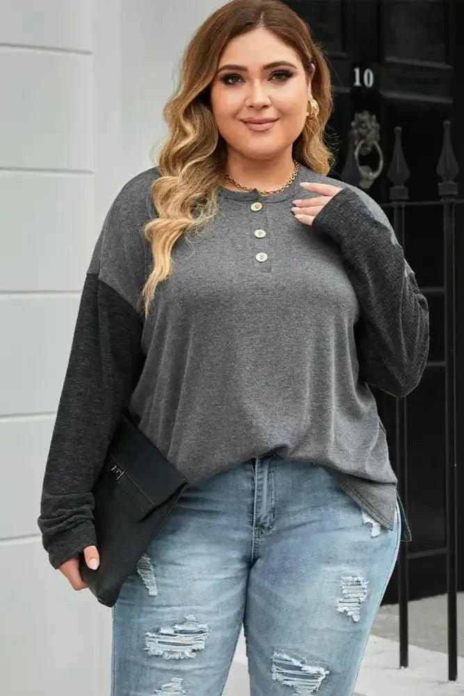 Plus Size Round Neck Long Sleeve Buttoned Blouse - Update AvenueTrendsi1001015912069911001015912069917a3fcfc3c69d4bfc9f450810fcfff81c - MaxDark Gray
