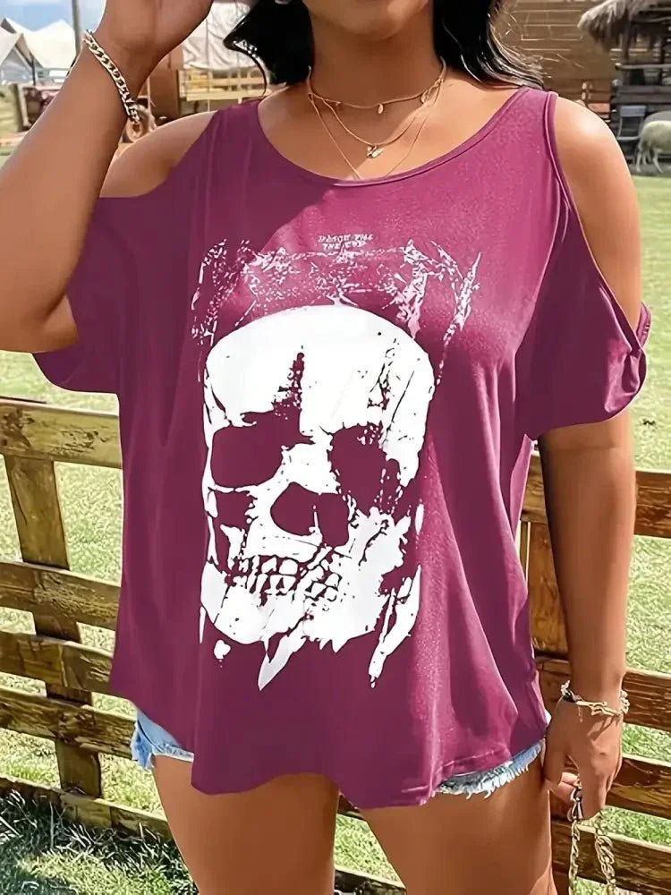 Plus Size Skeleton Graphic Round Neck Cold Shoulder T-Shirt - Update AvenueHalloweenTrendsi1001009147721941001009147721945cbb8b54 - b572 - 4082 - 89a1 - bfe48995686e - MaxDeep Purple