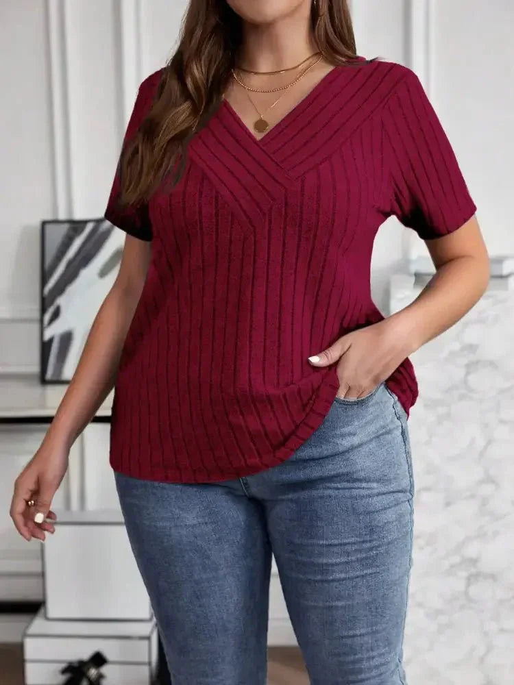 Plus Size V - Neck Short Sleeve Ribbed T-Shirt - Update AvenueT-ShirtsTrendsi10010061684960910010061684960935f11d15aadc4dc3be4632c857ec9227 - Max - OriginBurgundy