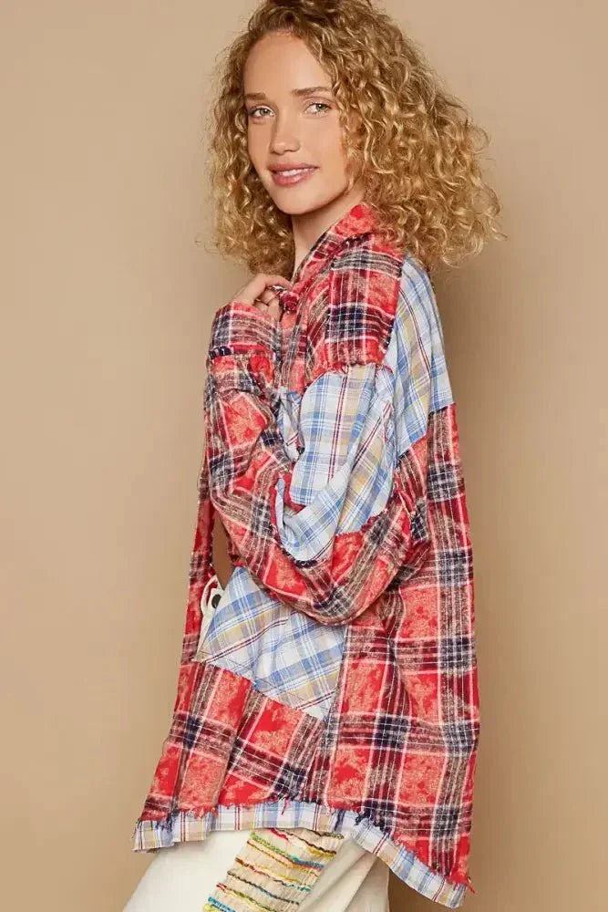 POL Plaid Patchwork Long Sleeve Shirt with Raw Edge Detail - Update AvenueTrendsi100100630731147100100630731147a83c7ce6 - c3db - 474f - 836e - 5a22d930f263 - Max - OriginScarlet