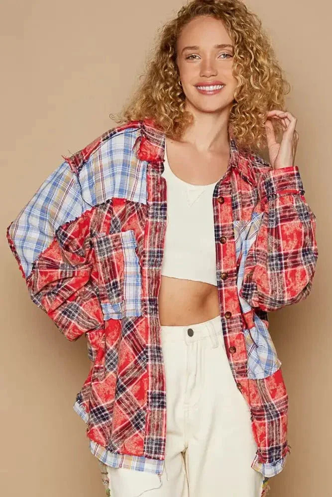 POL Plaid Patchwork Long Sleeve Shirt with Raw Edge Detail - Update AvenueTrendsi100100630731147100100630731147b8638a33 - 5ba2 - 4328 - 903c - ec5d963c987f - Max - OriginScarlet