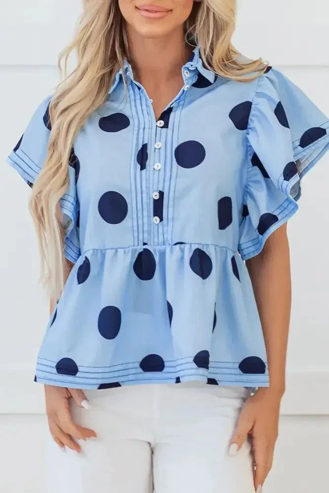 Polka Dot Print Ruffled Short Sleeve Buttoned Collared Blouse - Update AvenueVacation StyleTrendsi100100383297323100100383297323739360ab - 0112 - 4a70 - 9c05 - 3fb624cff067 - MaxLight Blue