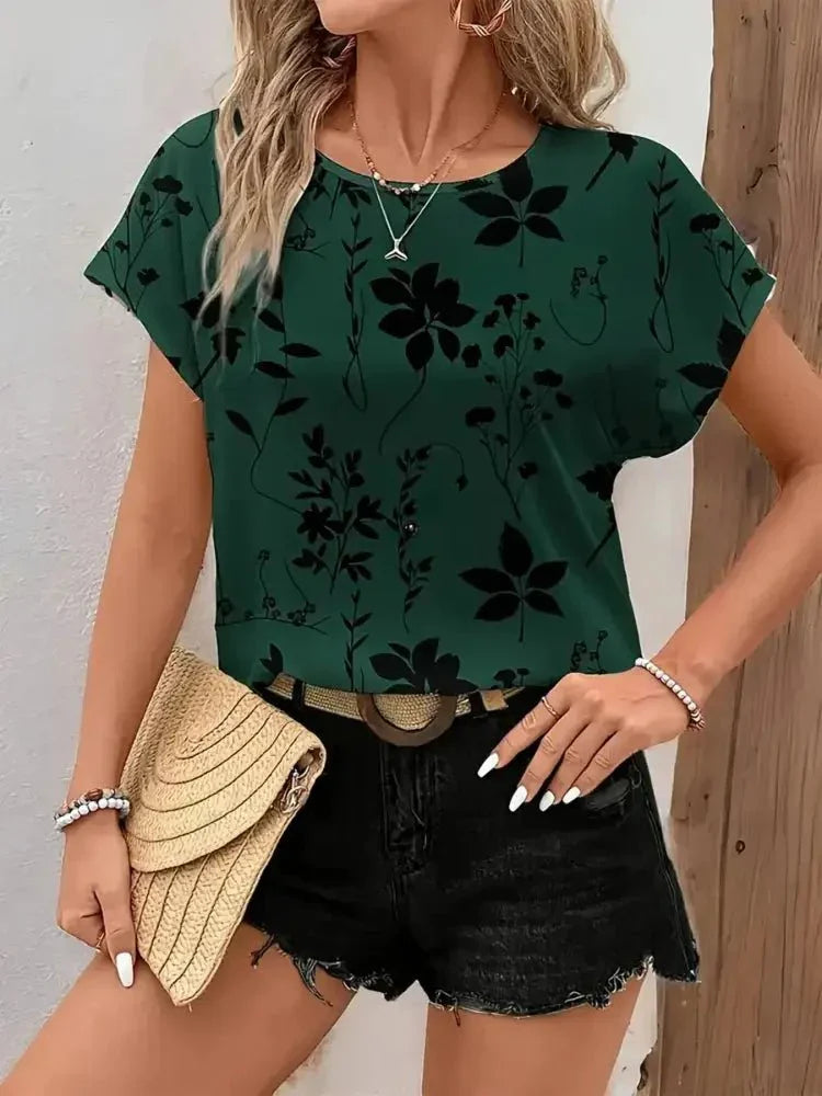 Printed Round Neck Short Sleeve Blouse - Update AvenueT-ShirtsTrendsi100100702445307100100702445307a9c3a347cb494ceaa8dc000e3a82ef2e - Max - OriginGreen