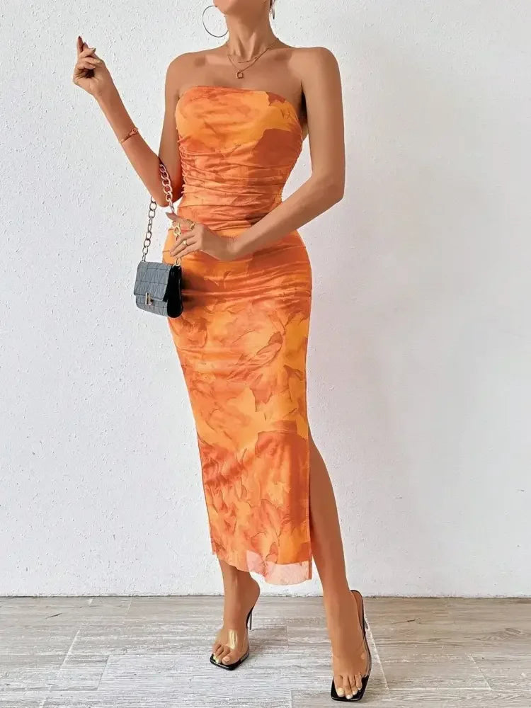 Printed Side Slit Tube Dress
