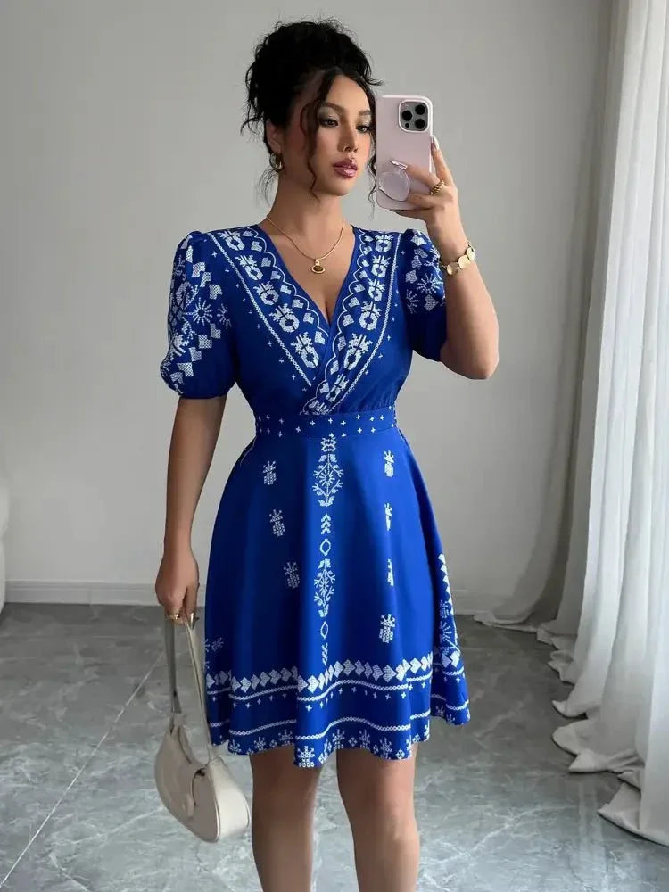 Printed Surplice Puff Sleeve Mini Dress - Update AvenueCasual DressesTrendsi100100519521311100100519521311Printed Surplice Puff Sleeve Mini DressRoyal Blue