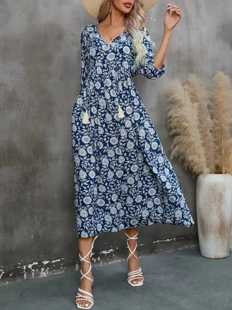 Printed Tie Neck Midi Dress - Update AvenueTrendsi100100339500138100100339500138930fd1690a784421b55b1991565e9b95 - Max - OriginNavy