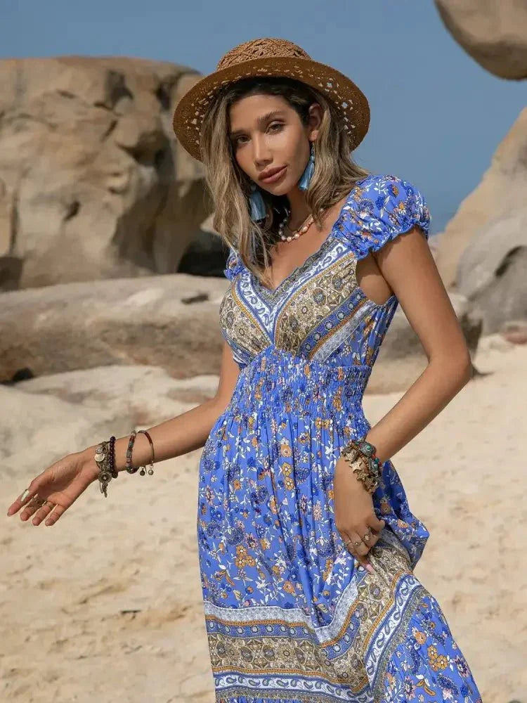 Printed V - Neck Cap Sleeve Midi Dress - Update AvenueBoho VibesTrendsi1001005779113461001005779113463380133e - 5b7e - 4f34 - b148 - e450a55d1538 - Max - OriginBlue