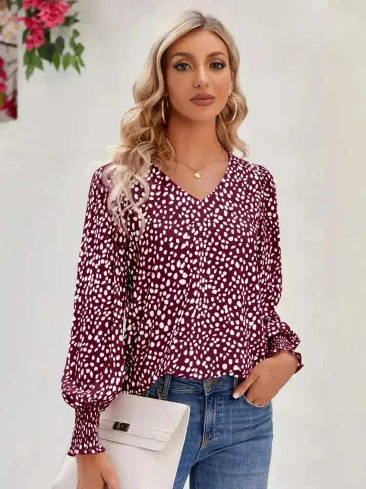 Printed V - Neck Lantern Sleeve Blouse - Update AvenueTrendsi100100696676336100100696676336c5823fbde84f40dba83a09fd0fa892f9 - MaxBurgundy