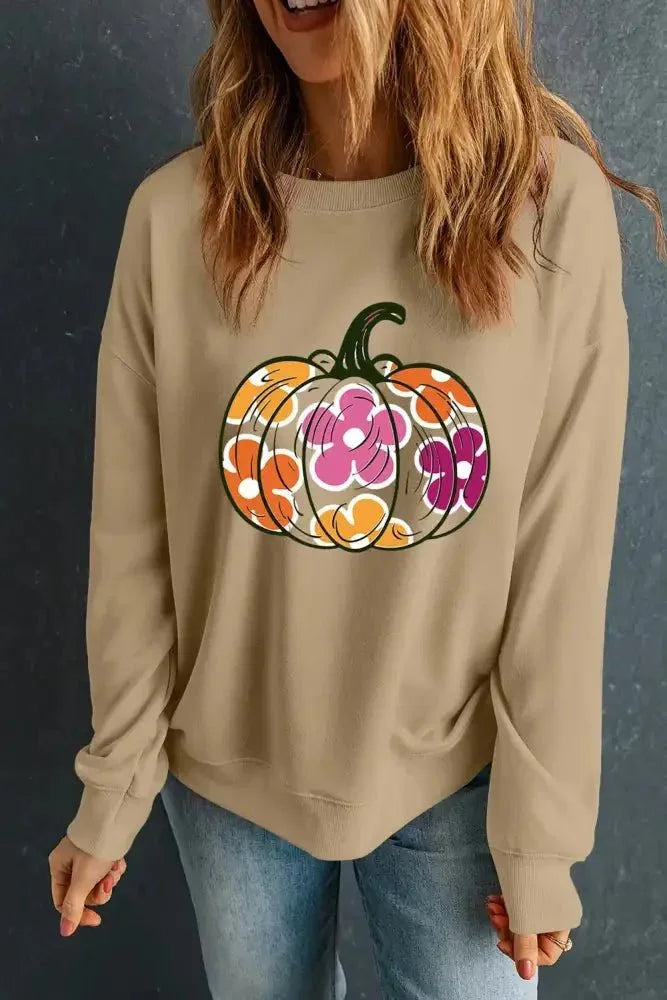 Pumpkin & Flower Graphic Long Sleeve Sweatshirt - Update AvenueHalloweenTrendsi10010086339154010010086339154033235b84 - 0dc4 - 48bd - 8f10 - 6d41a7a9c135 - MaxKhaki