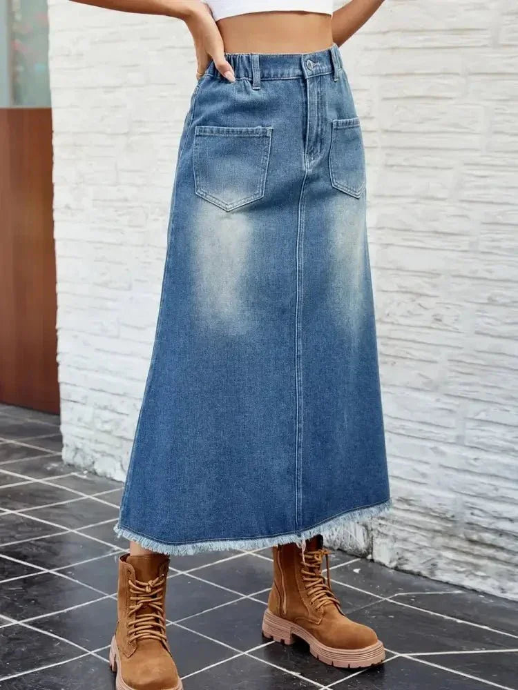 Raw Hem Buttoned Denim Skirt with Pockets - Update AvenueDenim Dresses & SkirtsTrendsi100100656961179100100656961179df82396a - 8697 - 40be - bdb1 - a67989e7dd8a - MaxDusty Blue