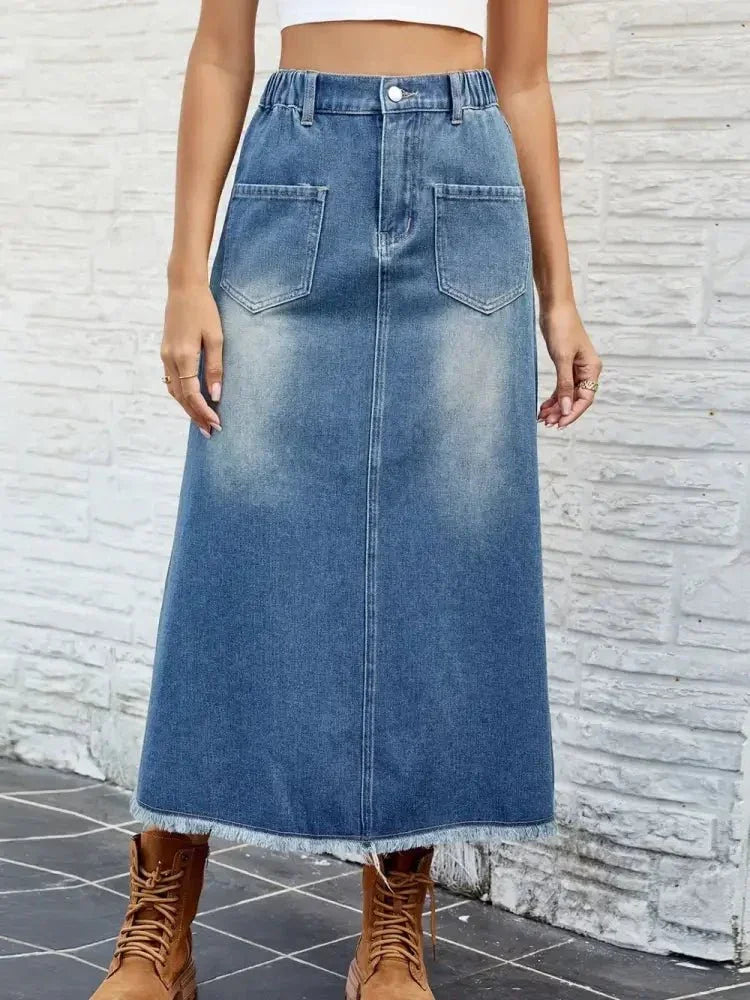 Raw Hem Buttoned Denim Skirt with Pockets - Update AvenueDenim Dresses & SkirtsTrendsi100100656961179100100656961179a61a26a9 - 7f12 - 4663 - be1c - 5852aea19722 - MaxDusty Blue