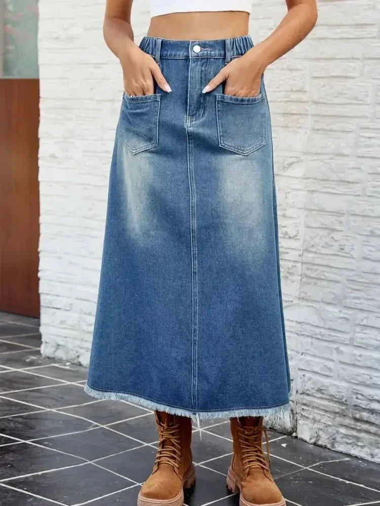 Raw Hem Buttoned Denim Skirt with Pockets - Update AvenueDenim Dresses & SkirtsTrendsi10010065696117910010065696117911170e26 - 0f1d - 4331 - 9640 - 2ead8b6013b5 - MaxDusty Blue