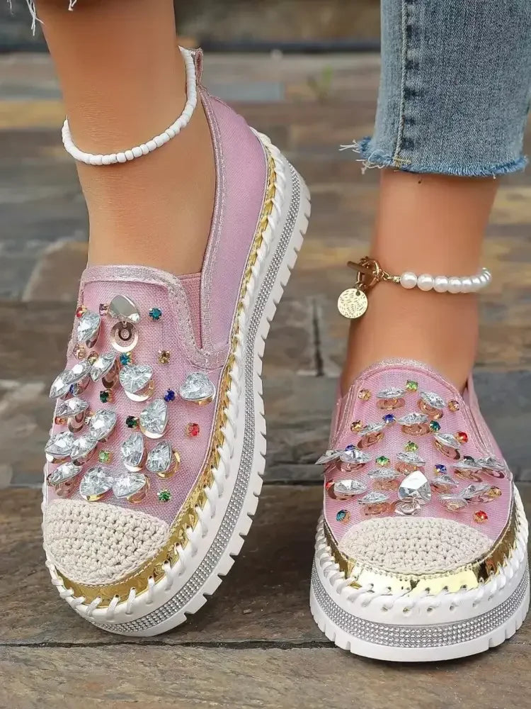 Rhinestone Round Toe Platform Loafers