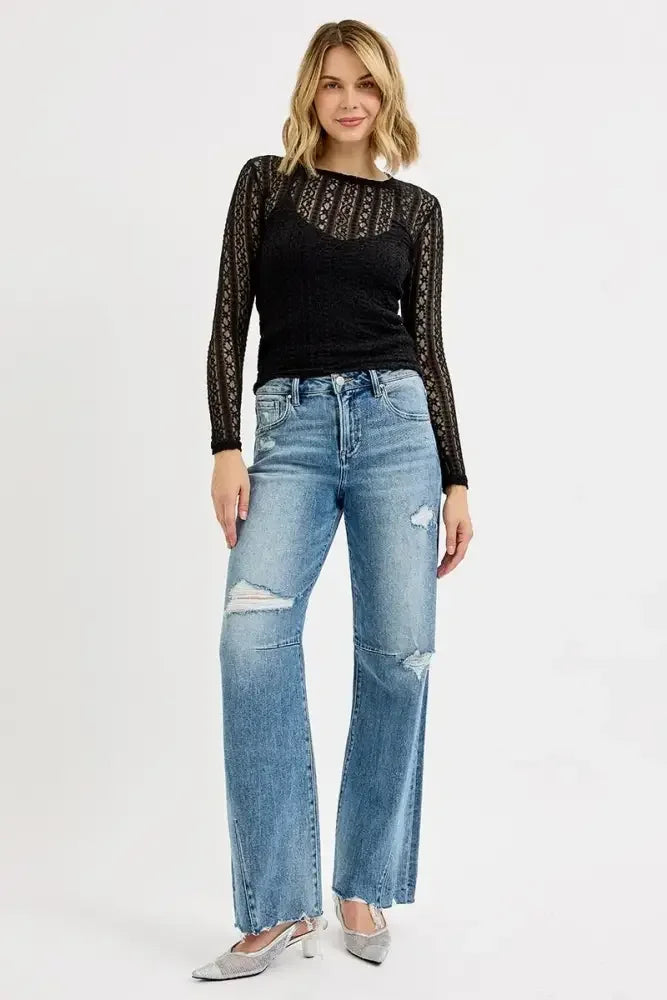 RISEN Full Size Mid Rise Fit Wide Baggy Leg Tie Washed Jeans Plus Size