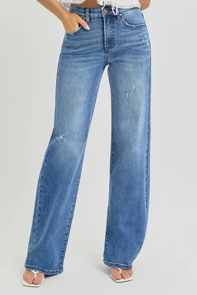 RISEN Full Size Tummy Control Elastic Band High Rise Wide Jeans Plus Size