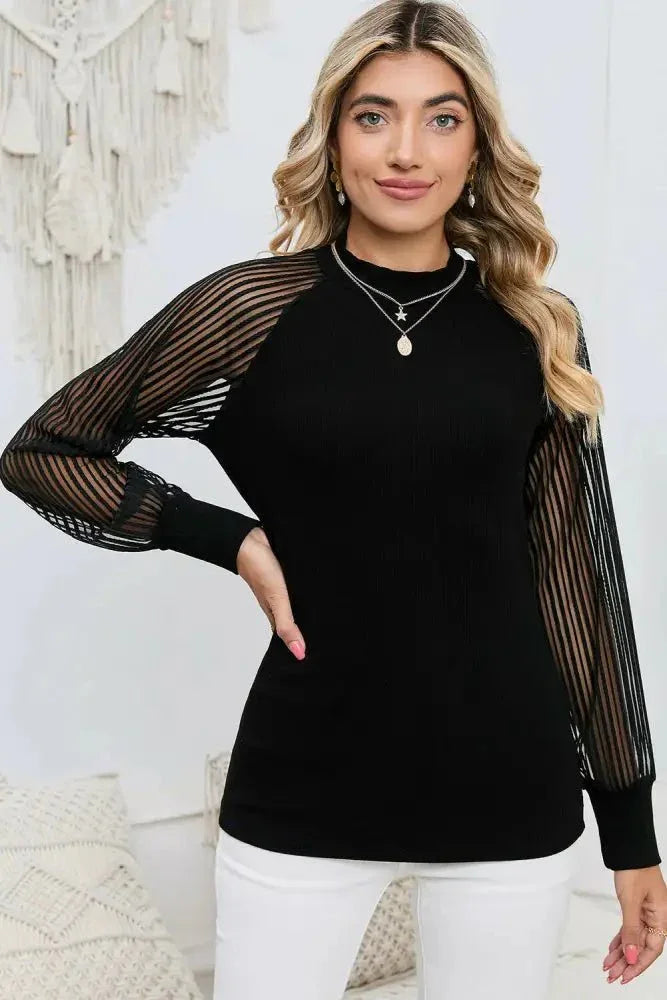 Round Neck Semi - Sheer Sleeve Blouse - Update AvenueTrendsi1001012447108741001012447108741f57c00daf234ed9b6ffe1bd4c0f8219 - MaxBlack
