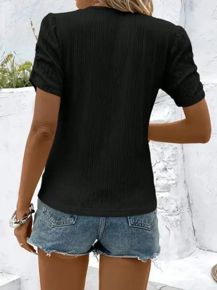 Ruched Round Neck Short Sleeve Top - Update AvenueT-ShirtsTrendsi100100306741697100100306741697dafbc379 - 1b64 - 4cc4 - b8d5 - ab97a7869d69 - Max - OriginBlack