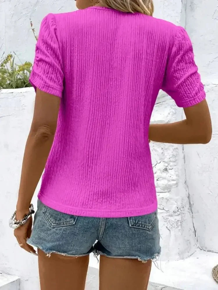 Ruched Round Neck Short Sleeve Top - Update AvenueT-ShirtsTrendsi100100306742158100100306742158d7b0f2b9 - b5db - 4b26 - 9ebd - e37aa6777595 - Max - OriginBright Rose