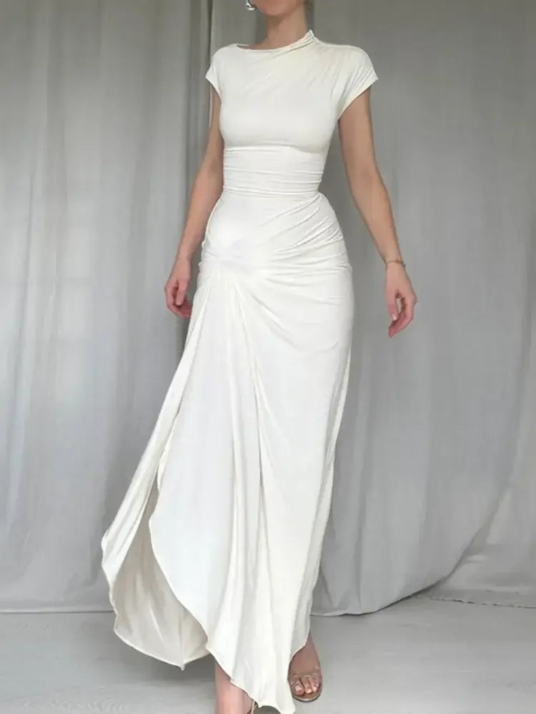 Ruched Slit Cap Sleeve Maxi Dress
