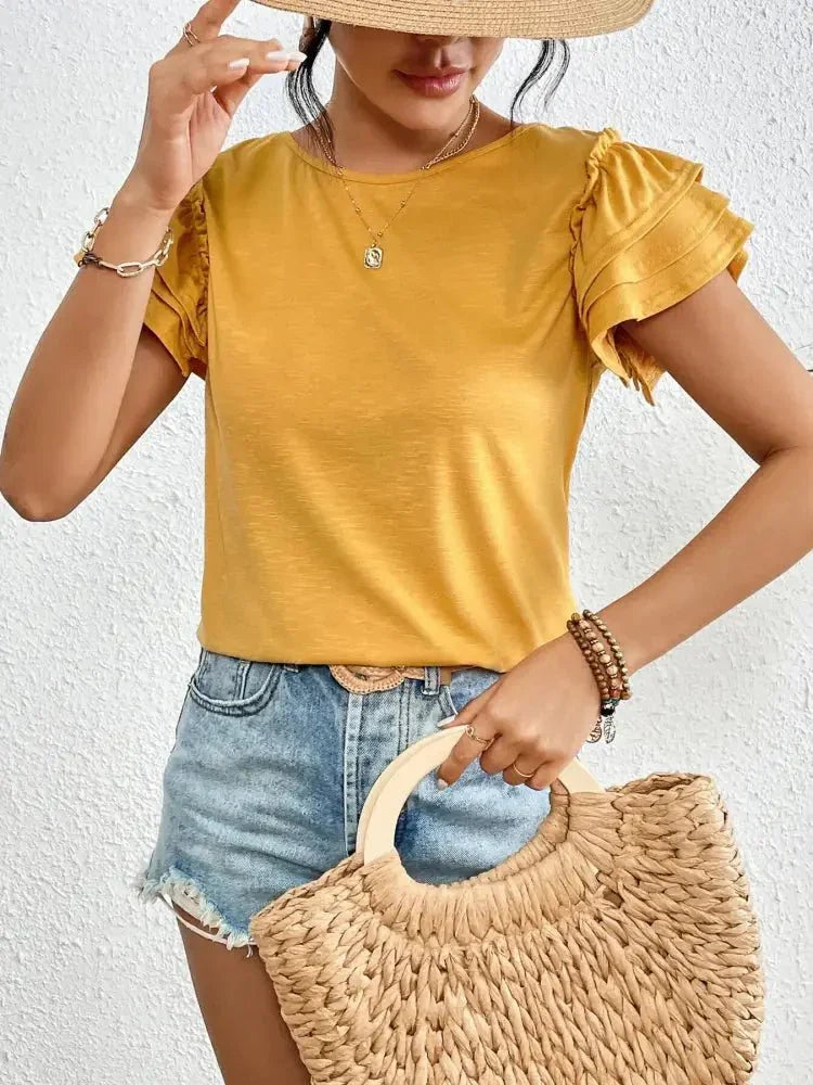 Ruffle Sleeve Round Neck T-Shirt - Update AvenueT-ShirtsTrendsi100100826161350100100826161350e91c44788d4041e1bc92965d4a93a90d - Max - OriginGold