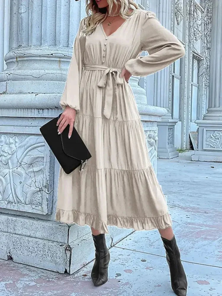 Ruffled Hem V - Neck Balloon Sleeve Dress - Update AvenueCasual DressesTrendsi100100257851387100100257851387Ruffled Hem V - Neck Balloon Sleeve DressCream