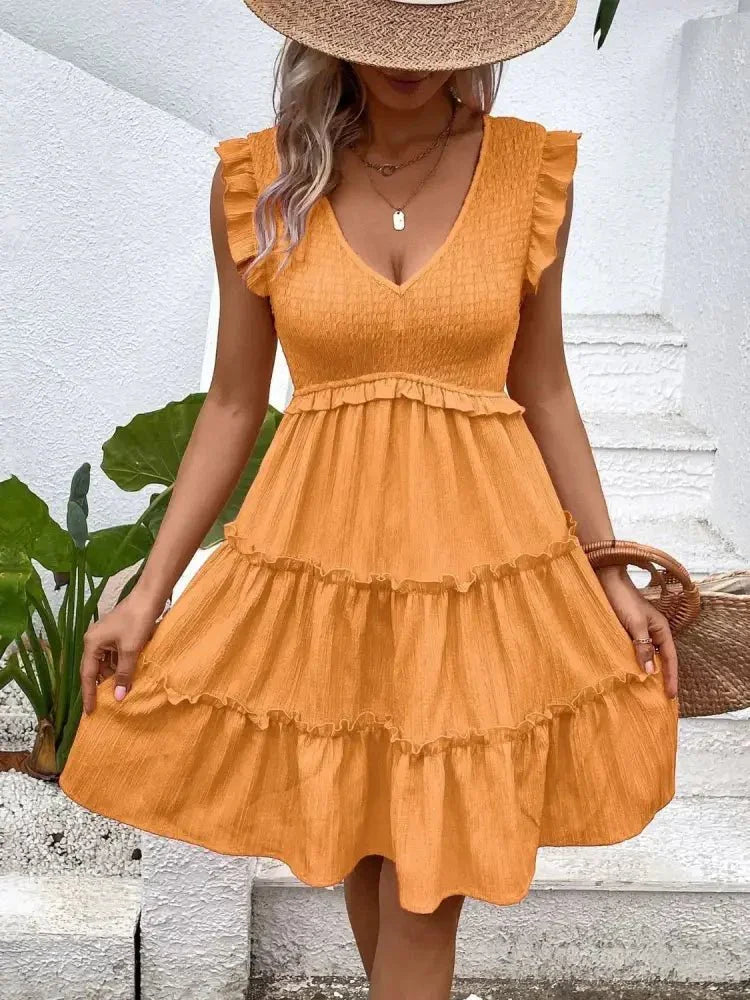 Ruffled V - Neck Cap Sleeve Dress - Update AvenueEffortless Elegance: DressesTrendsi1001008454252051001008454252059ad4c381 - 33ab - 4642 - b7a8 - ef56cd461302 - Max - OriginTangerine