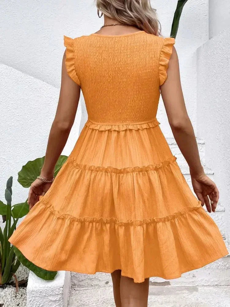 Ruffled V - Neck Cap Sleeve Dress - Update AvenueEffortless Elegance: DressesTrendsi1001008454252051001008454252054cf99785 - 401f - 48df - 8779 - c296c66e4b7b - Max - OriginTangerine