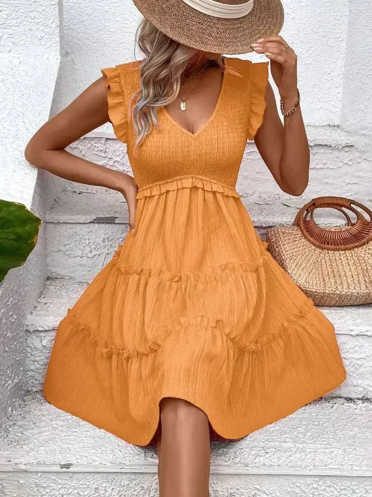 Ruffled V - Neck Cap Sleeve Dress - Update AvenueEffortless Elegance: DressesTrendsi1001008454252051001008454252055f14300e - 3c33 - 4c24 - 8f62 - 1f39d137e3f3 - Max - OriginTangerine
