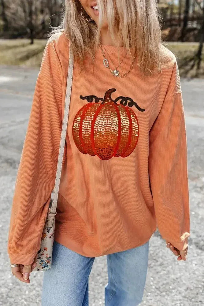 Sequin Pumpkin Round Neck Long Sleeve Sweatshirt - Update AvenueHalloweenTrendsi100100698811881100100698811881c688c739 - 0722 - 4ba5 - 8178 - 83b03f6d7259 - MaxSherbet