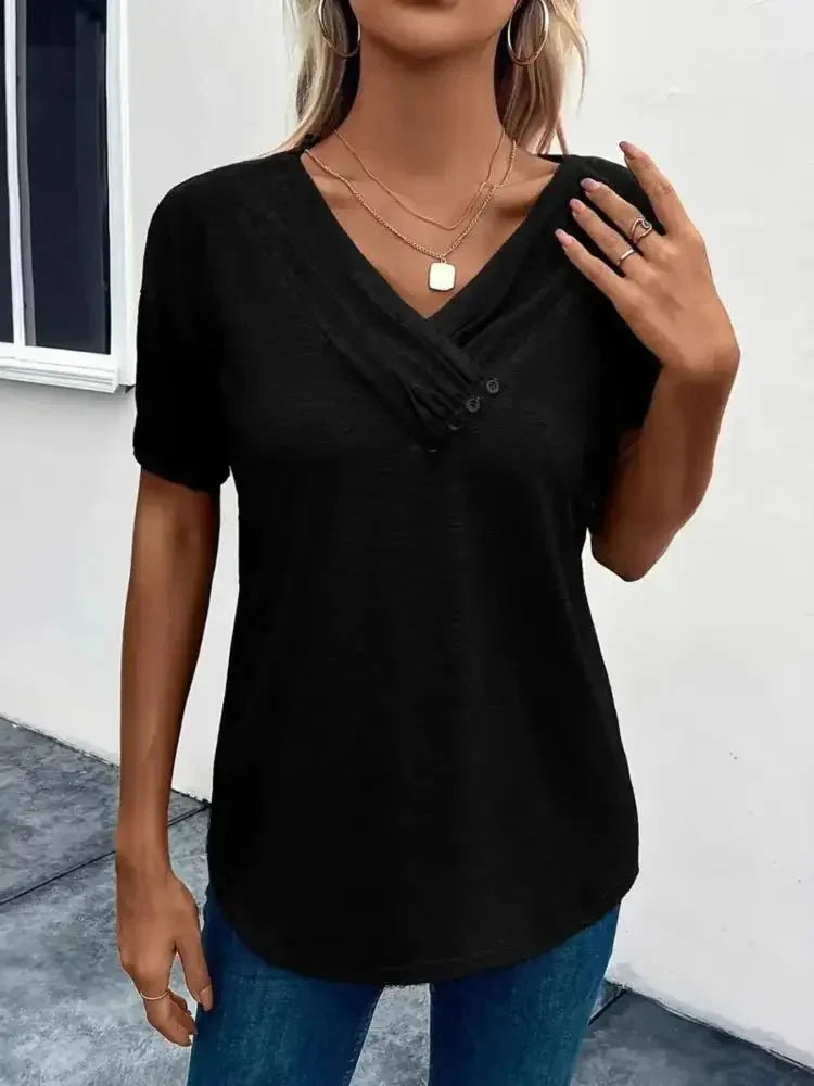 Short Sleeve V - Neck Ruched T-Shirt - Update AvenueT-ShirtsTrendsi100100364700141100100364700141b151ed86d4d844b3b086a1de1a64835b - Max - OriginBlack