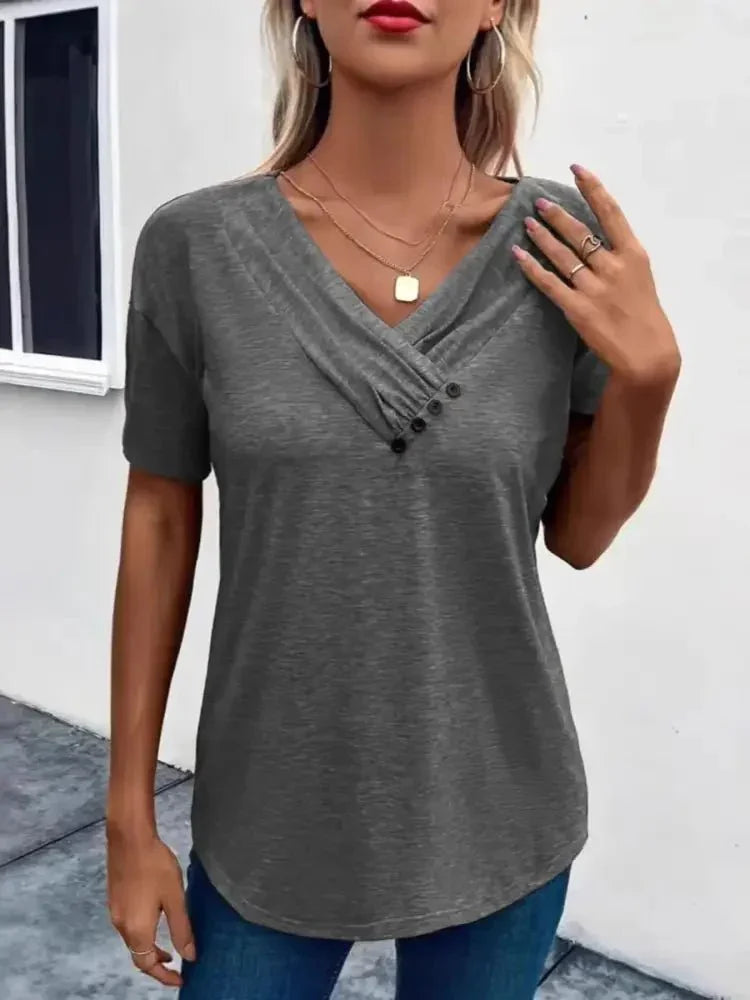 Short Sleeve V - Neck Ruched T-Shirt - Update AvenueT-ShirtsTrendsi100100364700915100100364700915ceff1afb69164cbba8f3800420bffba2 - Max - OriginDark Gray