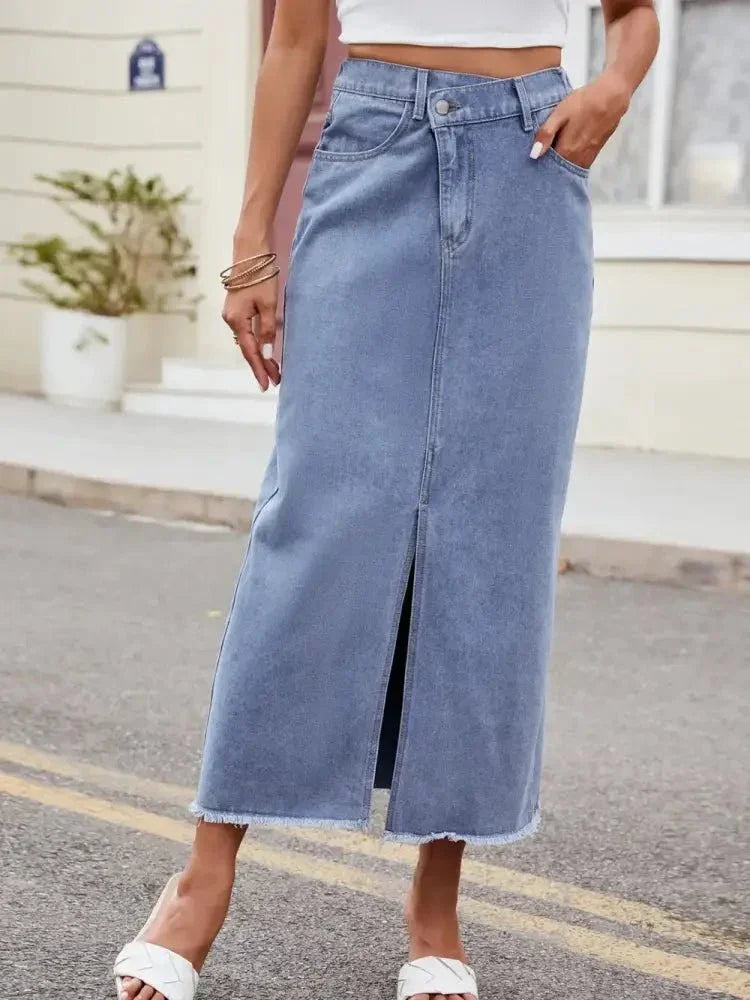 Slit Asymmetrical Waist Denim Skirt - Update AvenueDenim Dresses & SkirtsTrendsi100100779132805100100779132805d3271bd6 - a735 - 4ec0 - 848d - d780f8779f06 - MaxLight