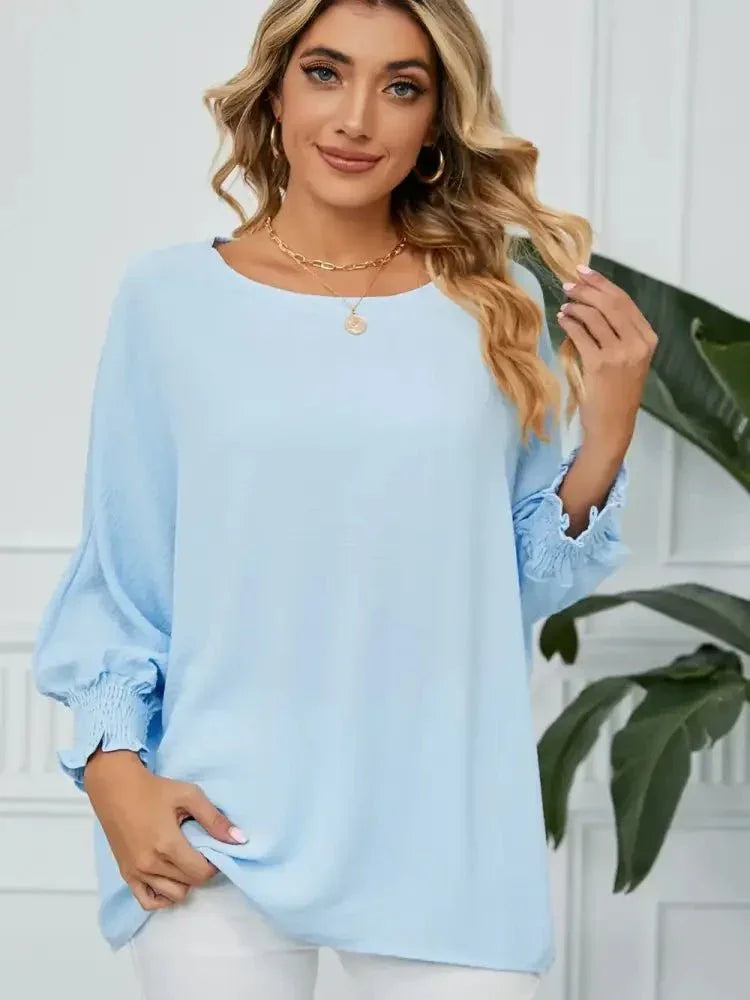 Smocked Lantern Sleeve Round Neck Blouse - Update AvenueTrendsi10010129042377810010129042377885ade211d066415596e6d5601722bdaa - MaxMisty Blue