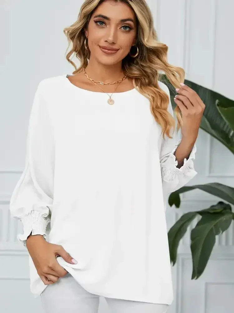 Smocked Lantern Sleeve Round Neck Blouse - Update AvenueTrendsi10010129042409210010129042409299fc850c45db476786d592dae6d458d7 - MaxWhite