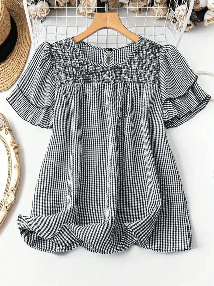Smocked Plaid Round Neck Layered Short Sleeve Blouse - Update AvenueTrendsi100100454251867100100454251867156a93db - 1e7a - 40be - b624 - 044fbf908b3e - MaxPlaid