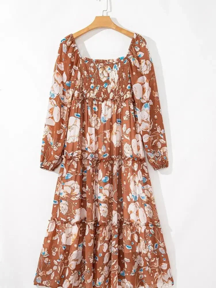 Smocked Printed Long Sleeve Tiered Dress - Update AvenueCasual DressesTrendsi100100420514817100100420514817Smocked Printed Long Sleeve Tiered DressFloral