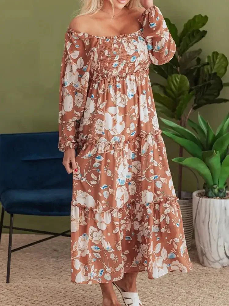 Smocked Printed Long Sleeve Tiered Dress - Update AvenueCasual DressesTrendsi100100420514817100100420514817Smocked Printed Long Sleeve Tiered DressFloral