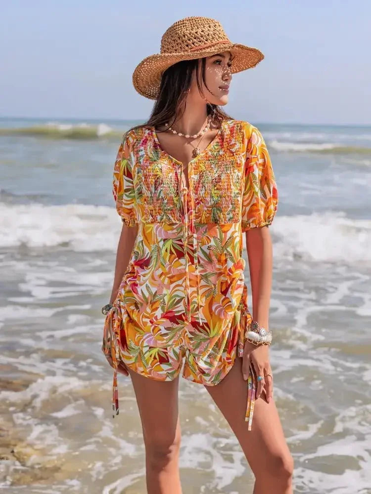 Smocked Printed Tie Neck Romper - Update AvenueBoho VibesTrendsi1001000682318041001000682318043530cd66 - 2120 - 45b4 - bed3 - b79467958043 - Max - OriginTangerine