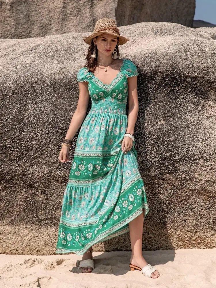 Smocked Printed V - Neck Dress - Update AvenueBoho VibesTrendsi100100298651273100100298651273feabe113 - 9a4c - 41c9 - a1fc - 30818e885def - Max - OriginGreen