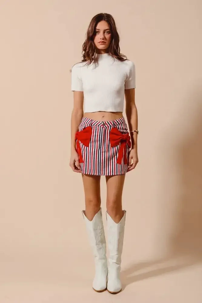 SO ME Contrast Bow Knot Pocket Fourth Of July Denim Skirt