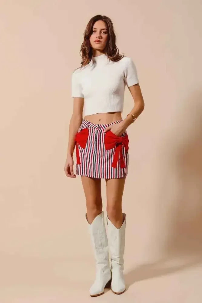 SO ME Contrast Bow Knot Pocket Fourth Of July Denim Skirt