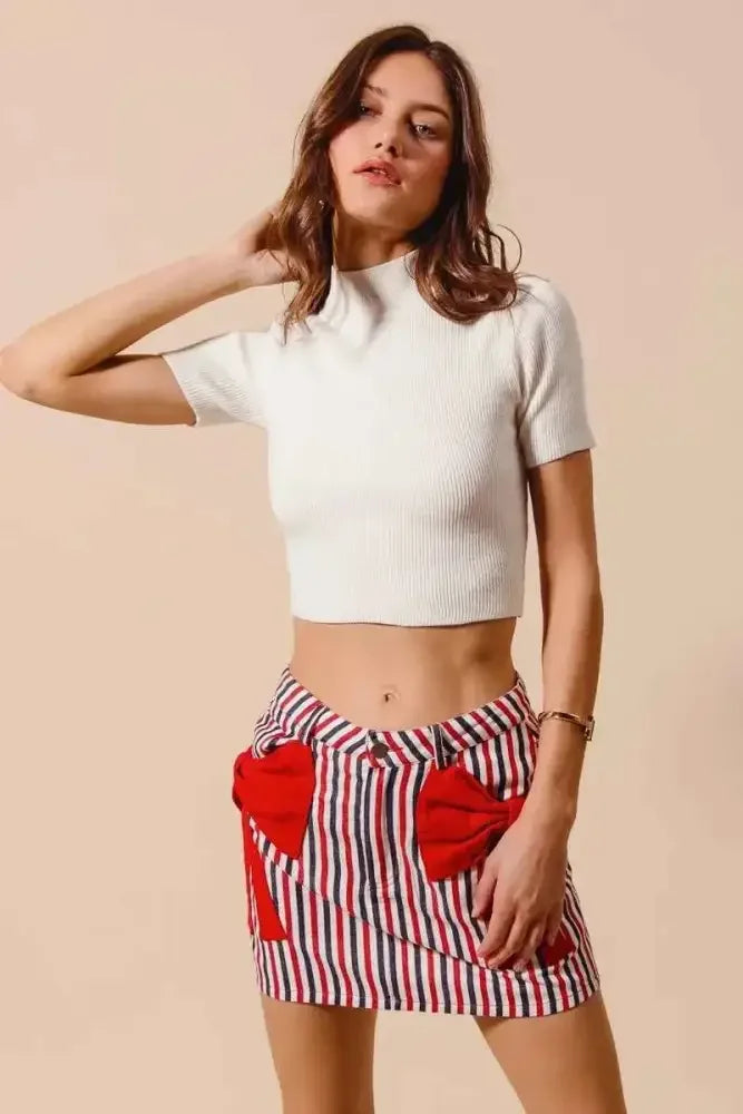 SO ME Contrast Bow Knot Pocket Fourth Of July Denim Skirt