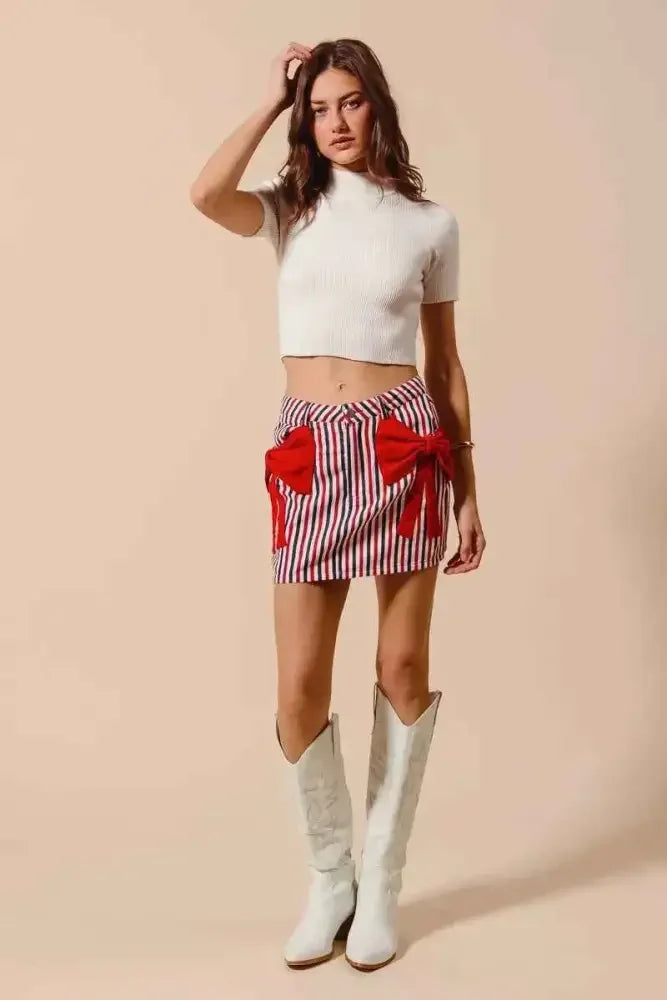 SO ME Contrast Bow Knot Pocket Fourth Of July Denim Skirt