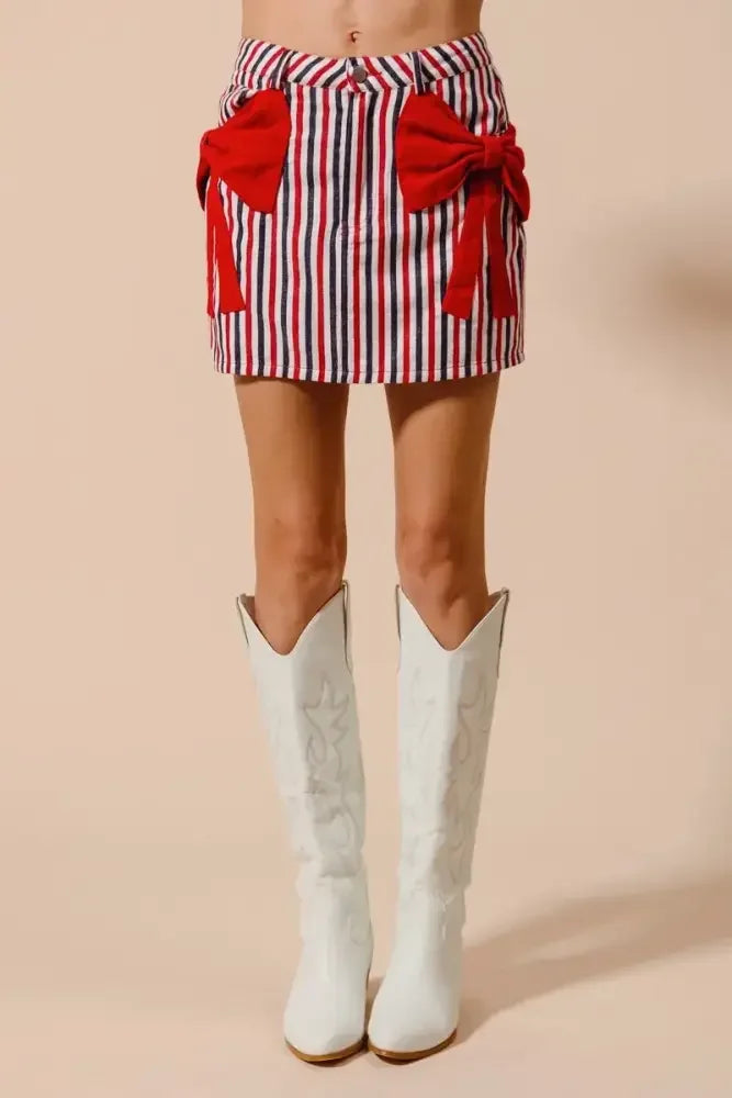 SO ME Contrast Bow Knot Pocket Fourth Of July Denim Skirt