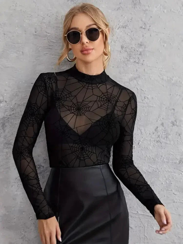 Spider Web Print Long Sleeve Blouse - Update AvenueHalloweenTrendsi1001004582697501001004582697507fb485c6a9f34d37a60863cb6111d097 - Max - OriginBlack