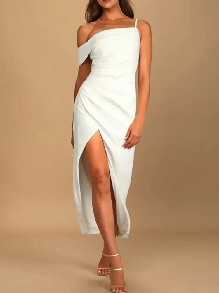 Split Asymmetrical Neck Midi Dress