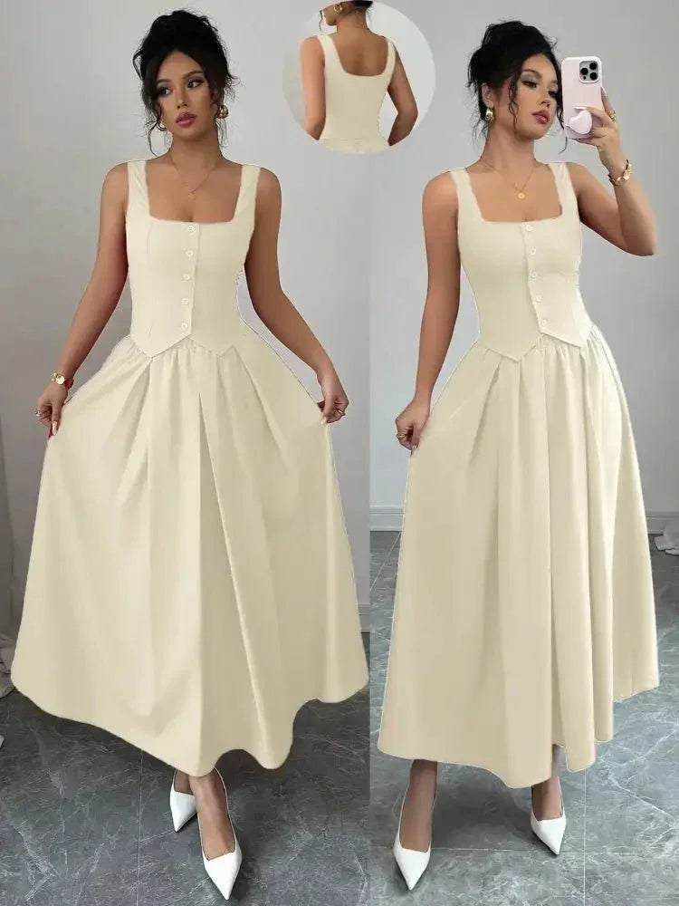 Square Neck Wide Strap Midi Dress - Update AvenueCasual DressesTrendsi100100949464513100100949464513Square Neck Wide Strap Midi DressIvory