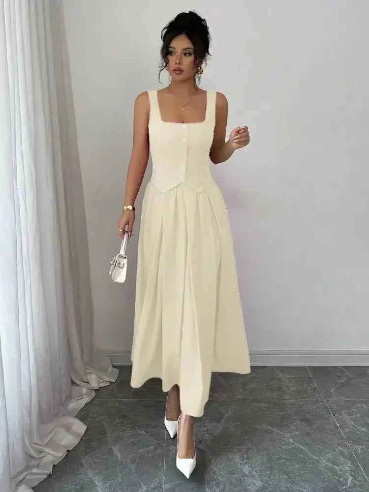 Square Neck Wide Strap Midi Dress - Update AvenueCasual DressesTrendsi100100949464513100100949464513Square Neck Wide Strap Midi DressIvory